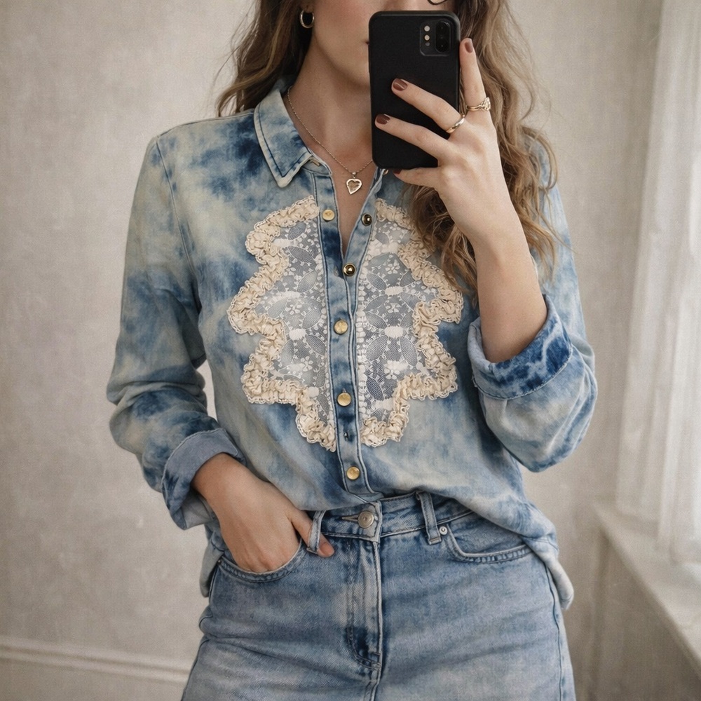 Lace Panel Tie Dye Denim Button Up Blouse Size M